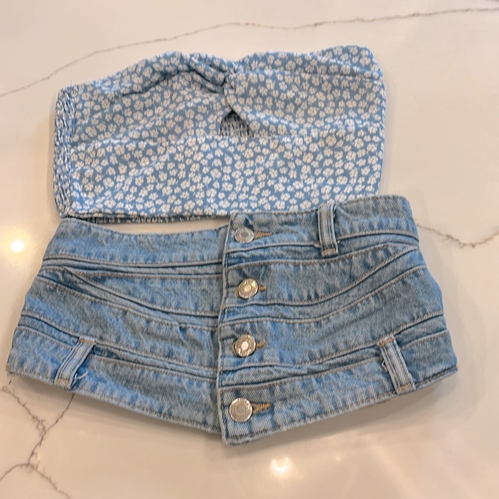 Zara & Altar’d Stare Lot of 2 Tube Tops XS. Faded Jean Top & Flowers & keyhole